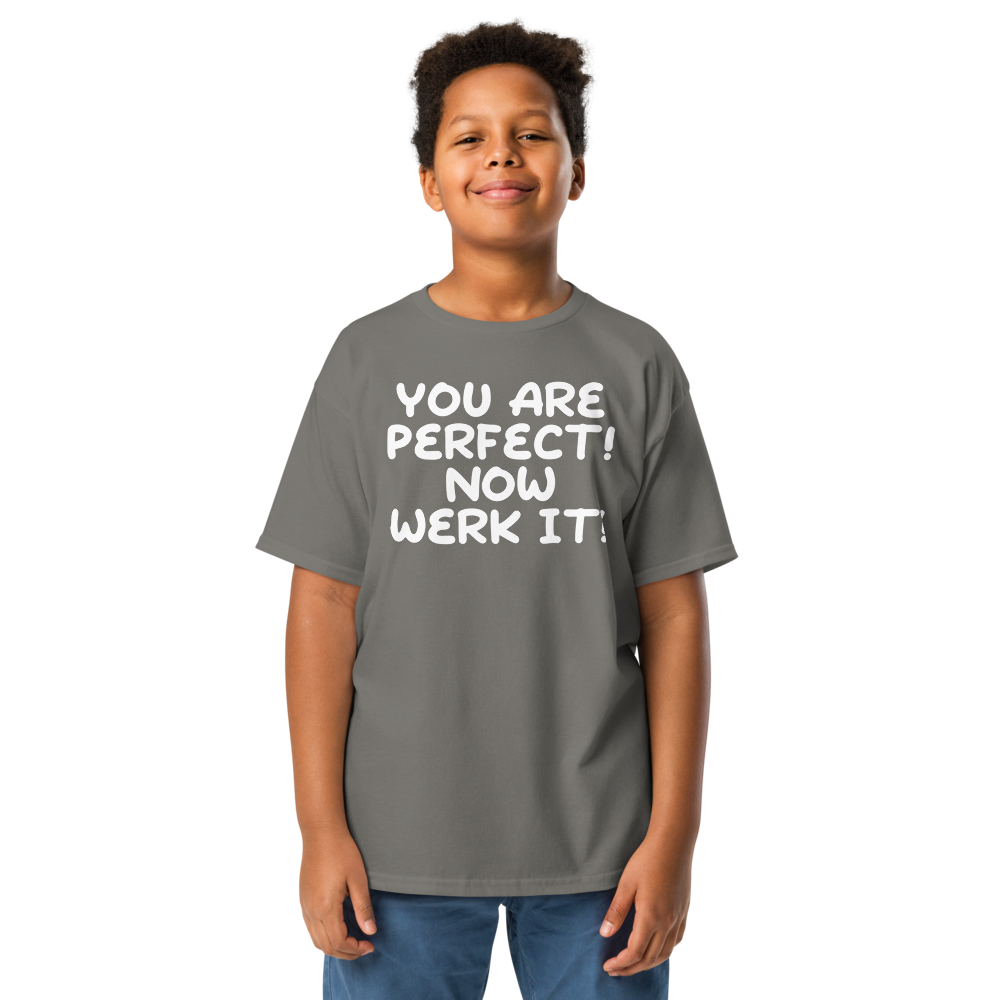 "You Are Perfect! Now Werk It!" printed on a charcoal youth classic tee worn by a male