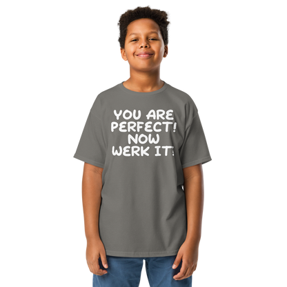 "You Are Perfect! Now Werk It!" printed on a charcoal youth classic tee worn by a male