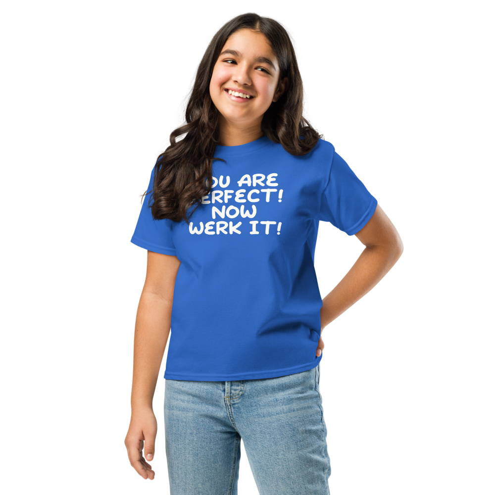 "You Are Perfect! Now Werk It!" printed on a royal youth classic tee worn by a female