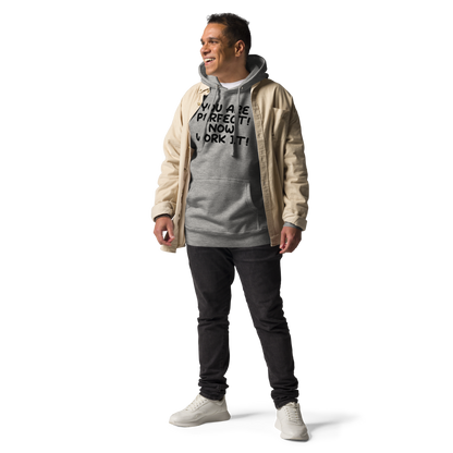 "You Are Perfect! Now Work It!" printed on a carbon grey unisex hoodie worn by a male with a jacket on top