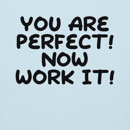 "You Are Perfect! Now Work It!" printed on a sky blue background