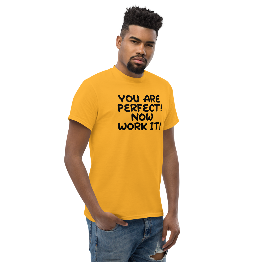 "You Are Perfect! Now Work It!" printed on a gold unisex classic tee worn by a male