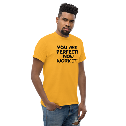 "You Are Perfect! Now Work It!" printed on a gold unisex classic tee worn by a male