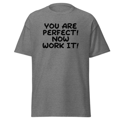 "You Are Perfect! Now Work It!" printed on a graphite heather on an invisible body