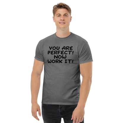 "You Are Perfect! Now Work It!" printed on a graphite heather unisex classic tee worn by a male