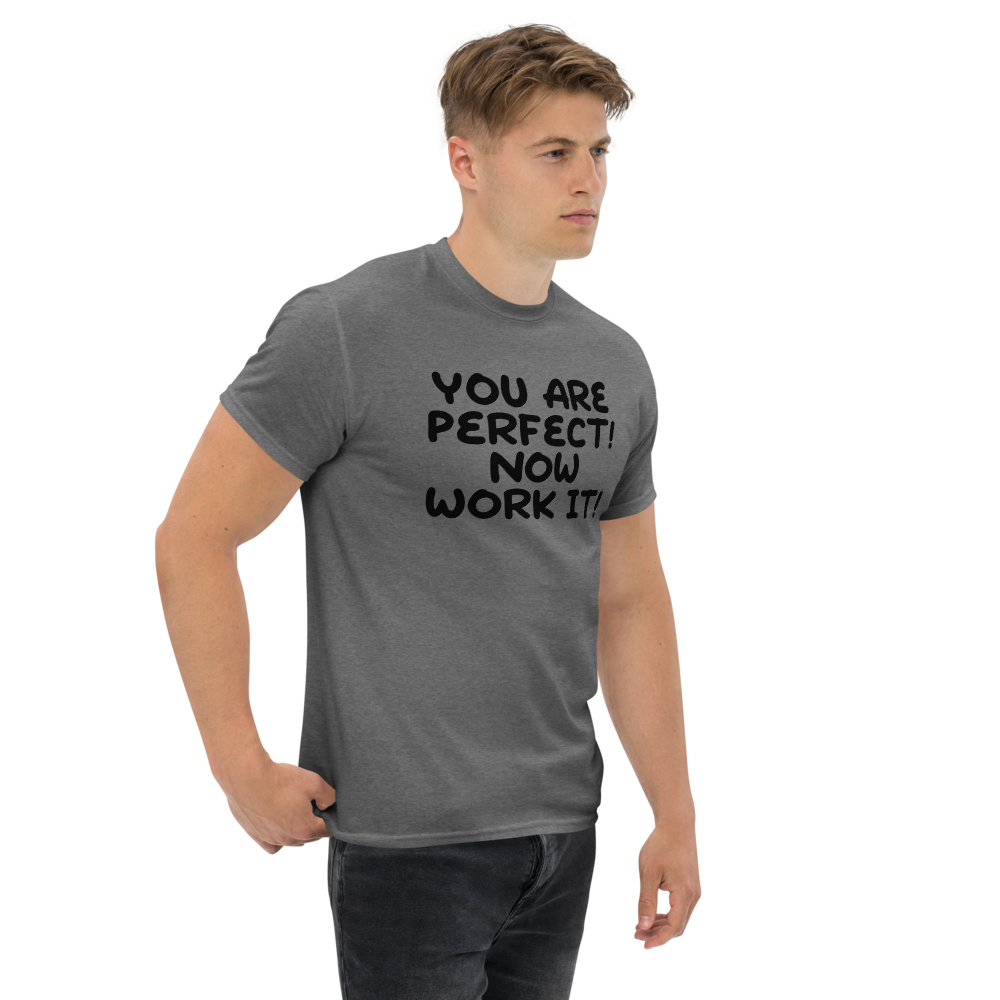 "You Are Perfect! Now Work It!" printed on a graphite heather unisex classic tee worn by a male