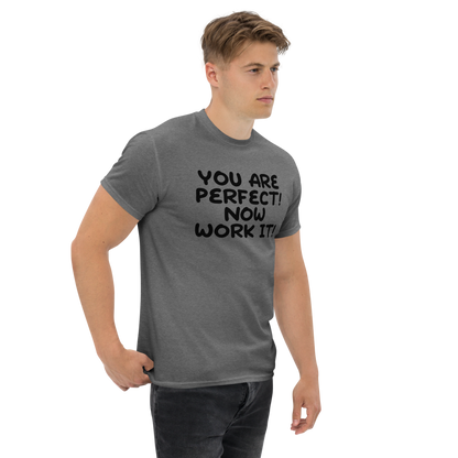 "You Are Perfect! Now Work It!" printed on a graphite heather unisex classic tee worn by a male