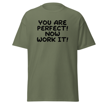 "You Are Perfect! Now Work It!" printed on a military green on an invisible body