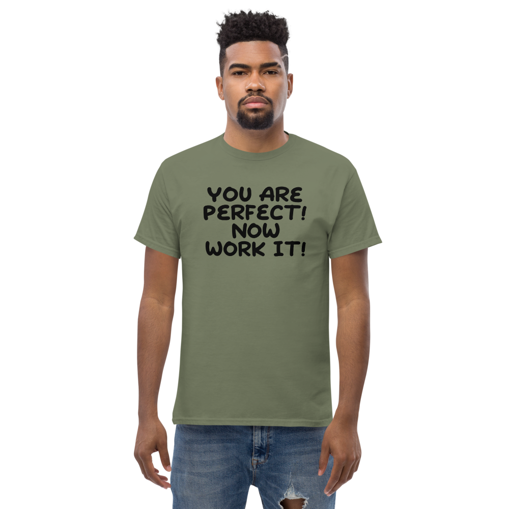 "You Are Perfect! Now Work It!" printed on a military green unisex classic tee worn by a male