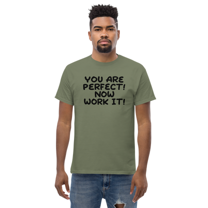 "You Are Perfect! Now Work It!" printed on a military green unisex classic tee worn by a male