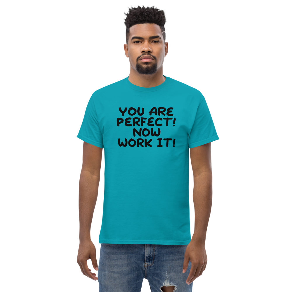 "You Are Perfect! Now Work It!" printed on a tropical blue unisex classic tee worn by a male