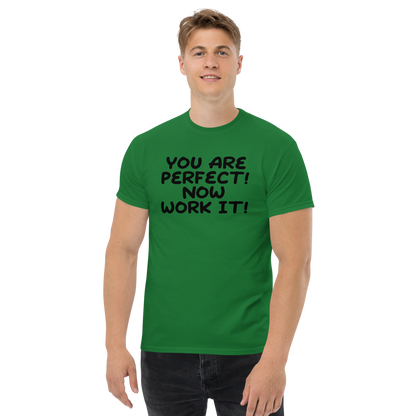 "You Are Perfect! Now Work It!" printed on a turf green unisex classic tee worn by a male