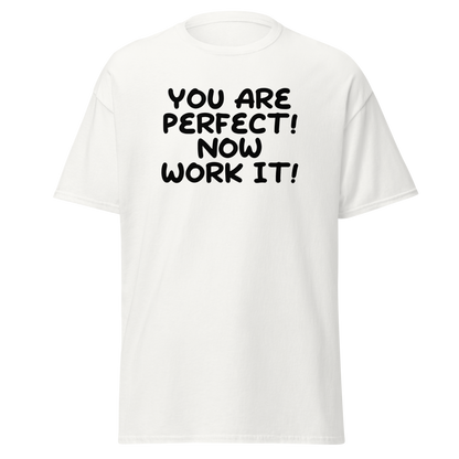 "You Are Perfect! Now Work It!" printed on a white on an invisible body