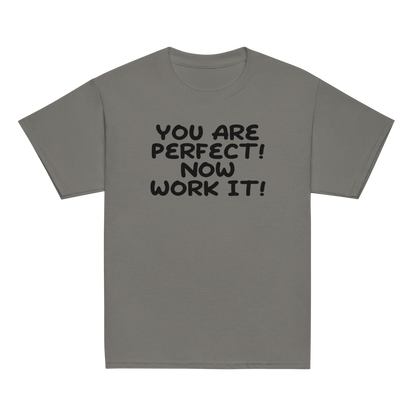 "You Are Perfect! Now Work It!" printed on a charcoal youth classic tee laying on a flat surface