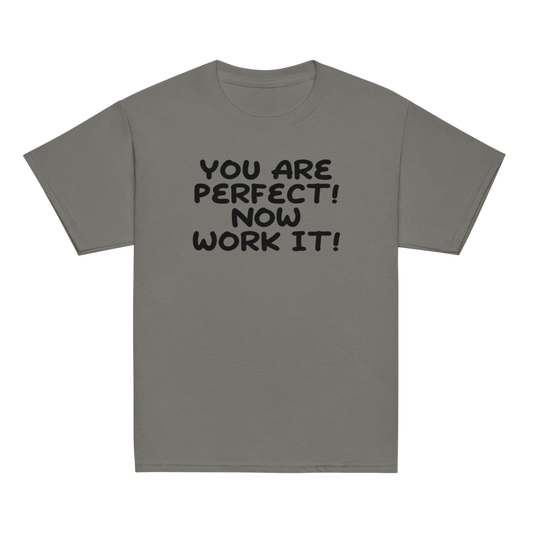 "You Are Perfect! Now Work It!" printed on a charcoal youth classic tee laying on a flat surface