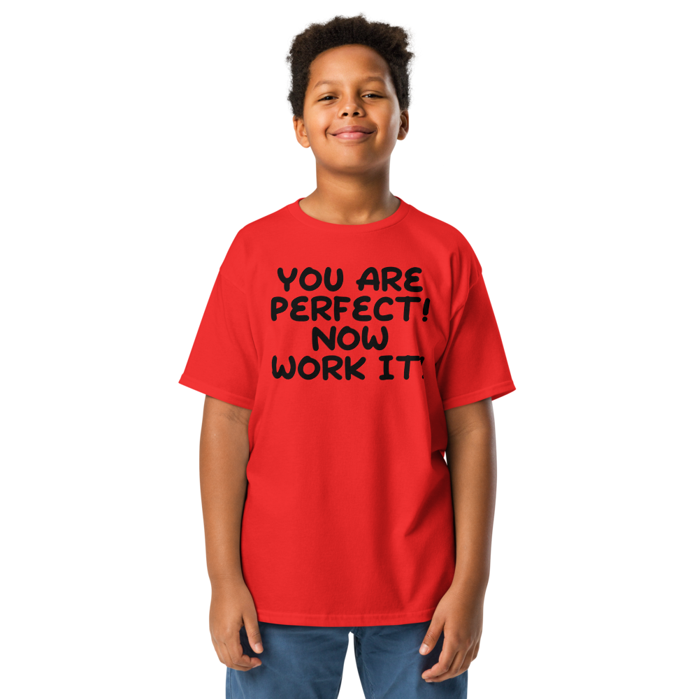 "You Are Perfect! Now Work It!" printed on a red youth classic tee worn by a male