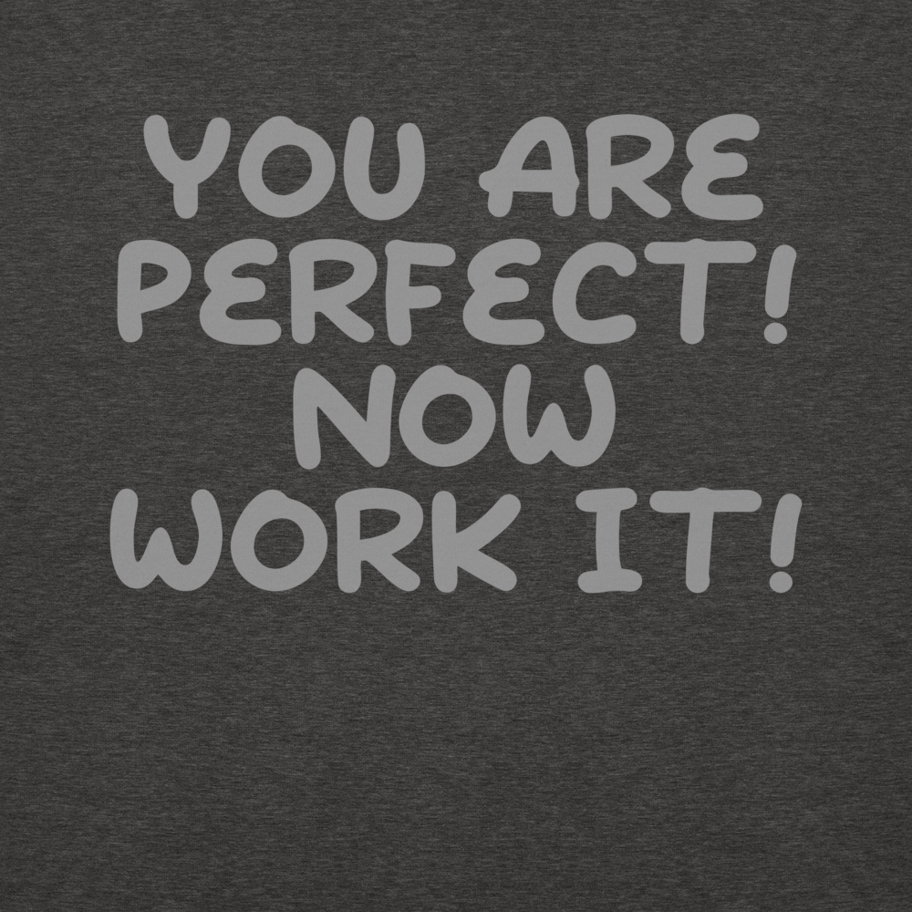 "You Are Perfect! Now Work It!" printed on a charcoal heather background