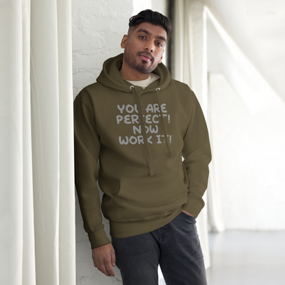 "You Are Perfect! Now Work It!" printed on a military green unisex hoodie worn by a male