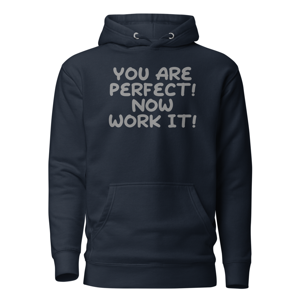 "You Are Perfect! Now Work It!" printed on a navy blazer on an invisible / simulated body