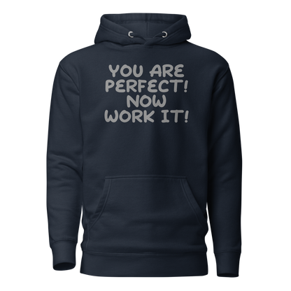"You Are Perfect! Now Work It!" printed on a navy blazer on an invisible / simulated body