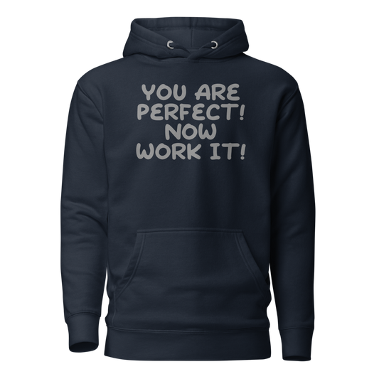 "You Are Perfect! Now Work It!" printed on a navy blazer on an invisible / simulated body