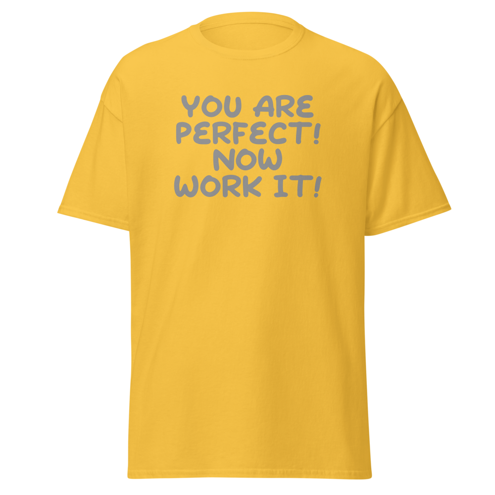 "You Are Perfect! Now Work It!" printed on a daisy on an invisible body