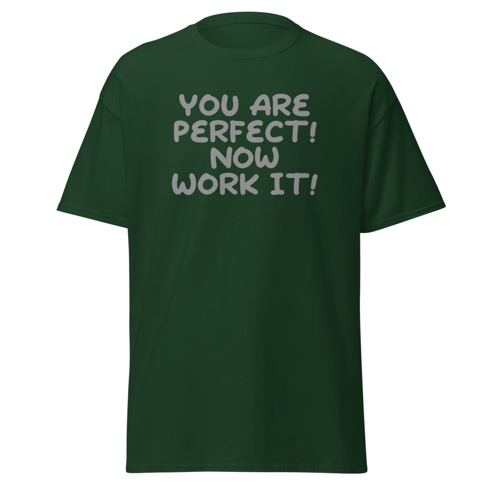 "You Are Perfect! Now Work It!" printed on a forest green on an invisible body