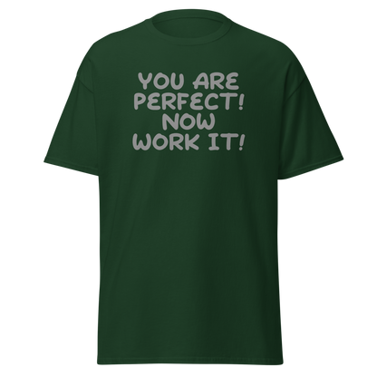 "You Are Perfect! Now Work It!" printed on a forest green on an invisible body