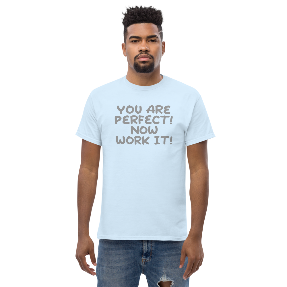 "You Are Perfect! Now Work It!" printed on a light blue unisex classic tee worn by a male