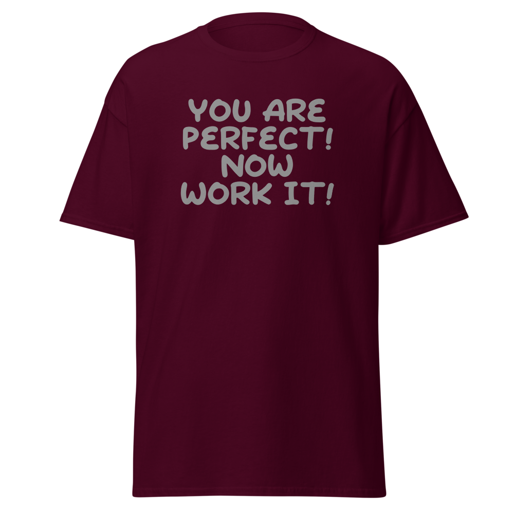 "You Are Perfect! Now Work It!" printed on a maroon on an invisible body