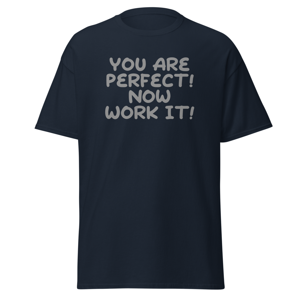"You Are Perfect! Now Work It!" printed on a navy on an invisible body