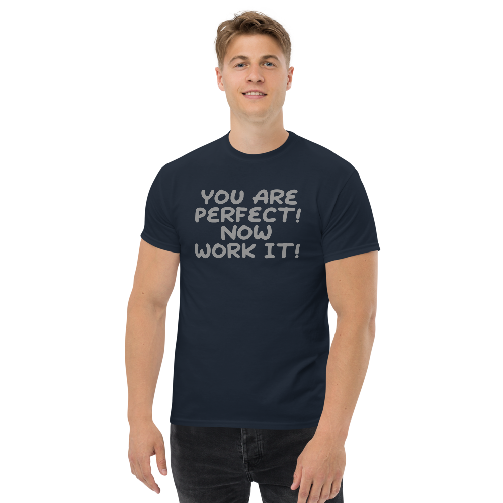 "You Are Perfect! Now Work It!" printed on a navy unisex classic tee worn by a male