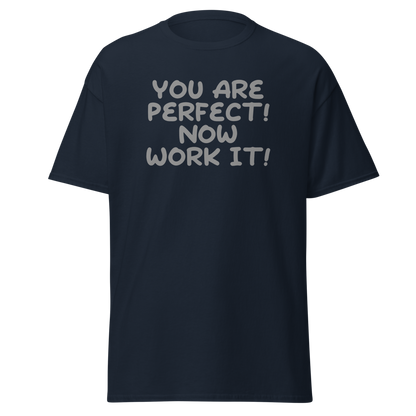 "You Are Perfect! Now Work It!" printed on a navy unisex classic tee laying on a flat surface
