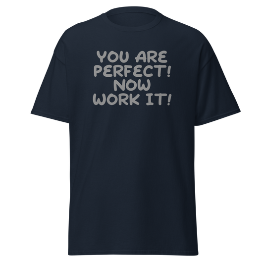 "You Are Perfect! Now Work It!" printed on a navy unisex classic tee laying on a flat surface