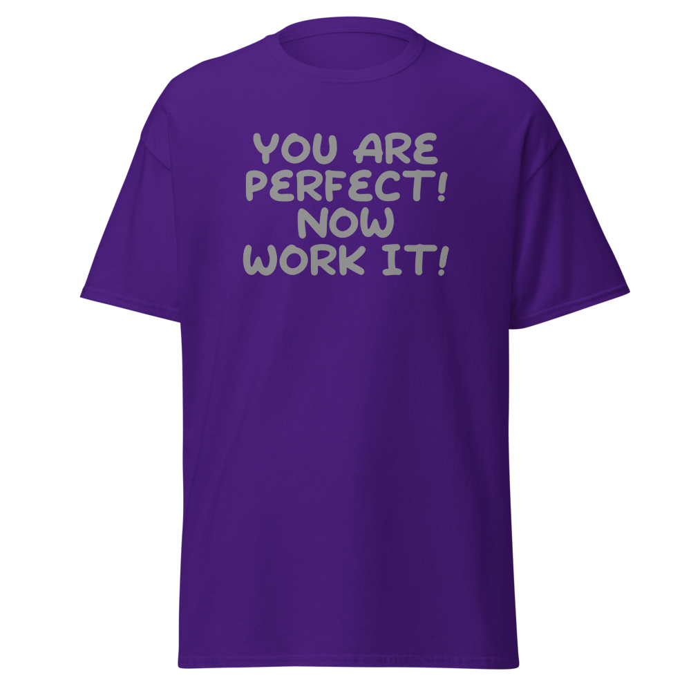 "You Are Perfect! Now Work It!" printed on a purple on an invisible body