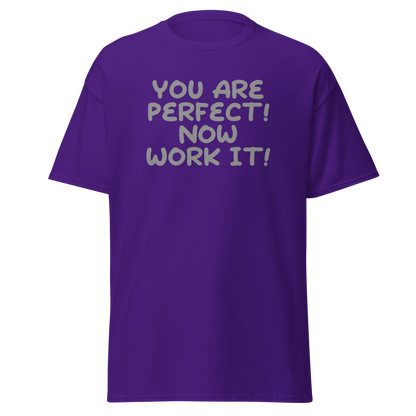 "You Are Perfect! Now Work It!" printed on a purple on an invisible body