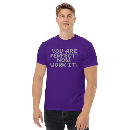 "You Are Perfect! Now Work It!" printed on a purple unisex classic tee worn by a male