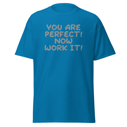 "You Are Perfect! Now Work It!" printed on a sapphire on an invisible body