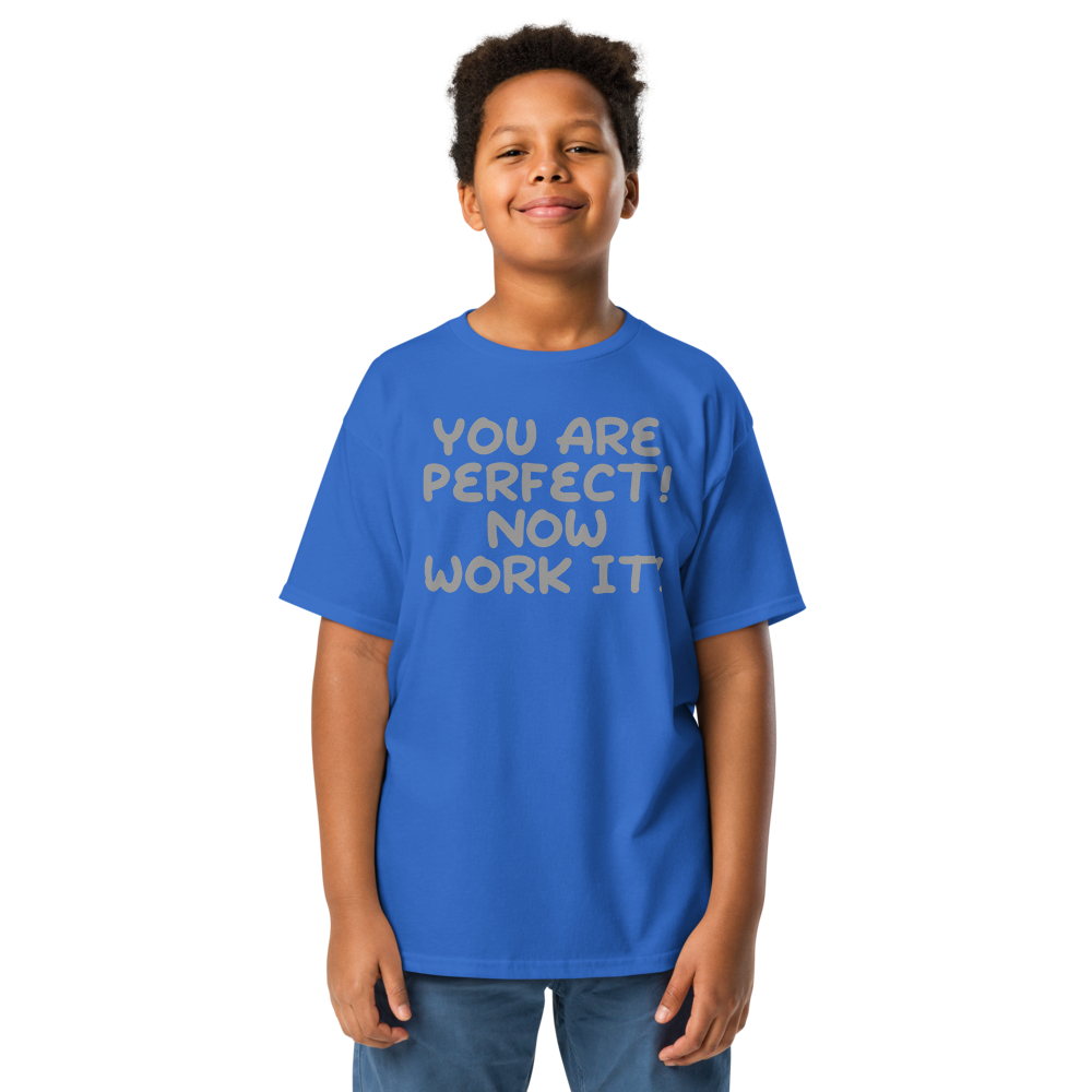 "You Are Perfect! Now Work It!" printed on a royal youth classic tee worn by a male