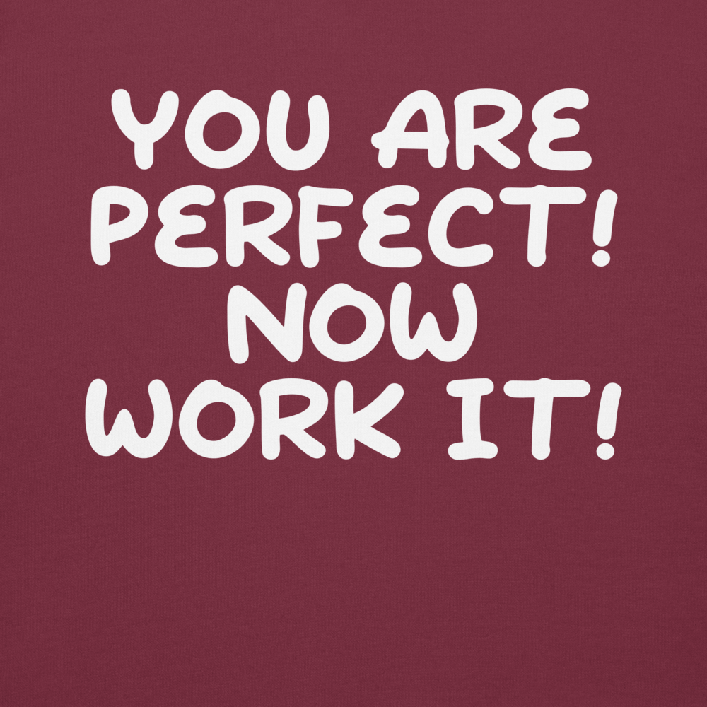"You Are Perfect! Now Work It!" printed on a maroon background