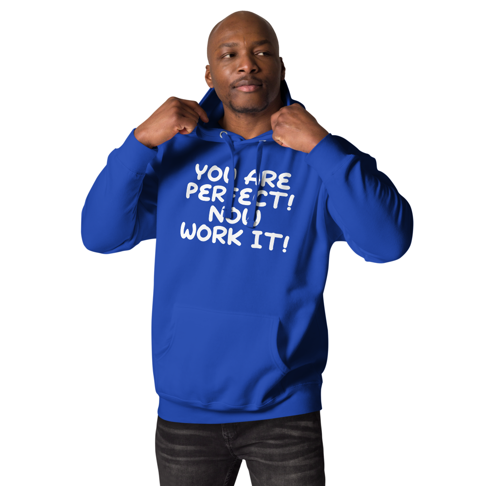 "You Are Perfect! Now Work It!" printed on a team royal unisex hoodie worn by a male