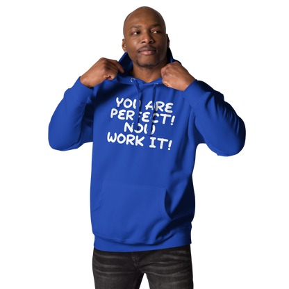 "You Are Perfect! Now Work It!" printed on a team royal unisex hoodie worn by a male