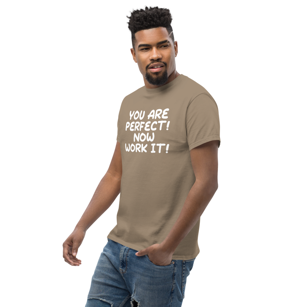 "You Are Perfect! Now Work It!" printed on a brown savana unisex classic tee worn by a male