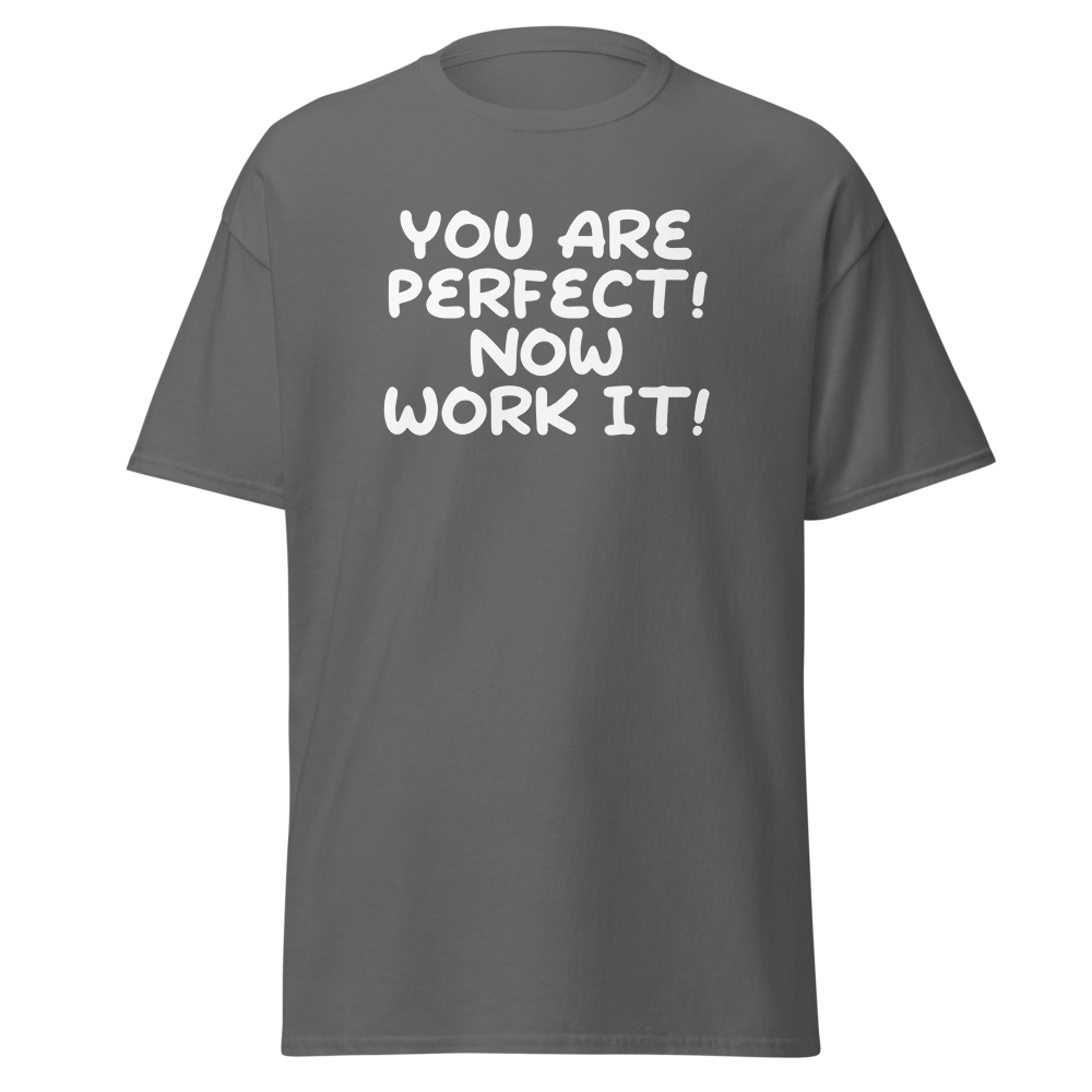 "You Are Perfect! Now Work It!" printed on a charcoal on an invisible body