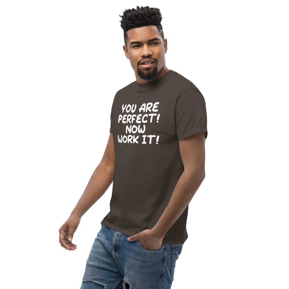 "You Are Perfect! Now Work It!" printed on a dark chocolate unisex classic tee worn by a male