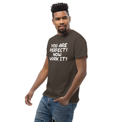 "You Are Perfect! Now Work It!" printed on a dark chocolate unisex classic tee worn by a male