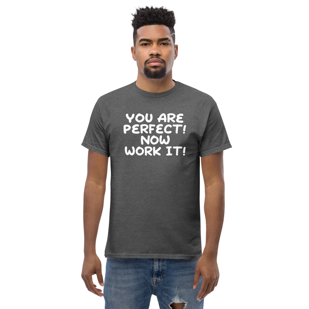 "You Are Perfect! Now Work It!" printed on a dark heather unisex classic tee worn by a male