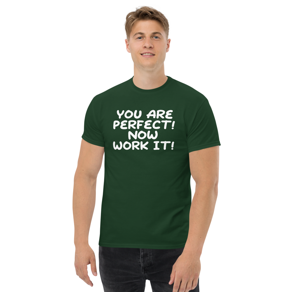 "You Are Perfect! Now Work It!" printed on a forest green unisex classic tee worn by a male