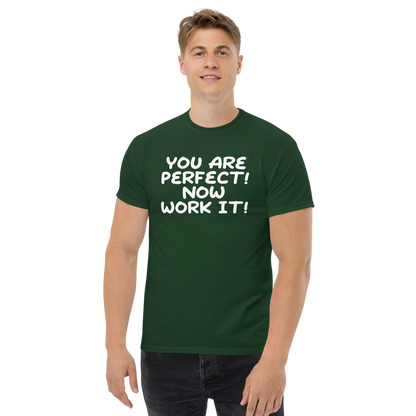 "You Are Perfect! Now Work It!" printed on a forest green unisex classic tee worn by a male