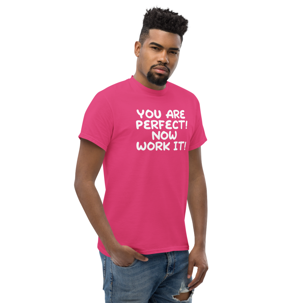 "You Are Perfect! Now Work It!" printed on a heliconia unisex classic tee worn by a male